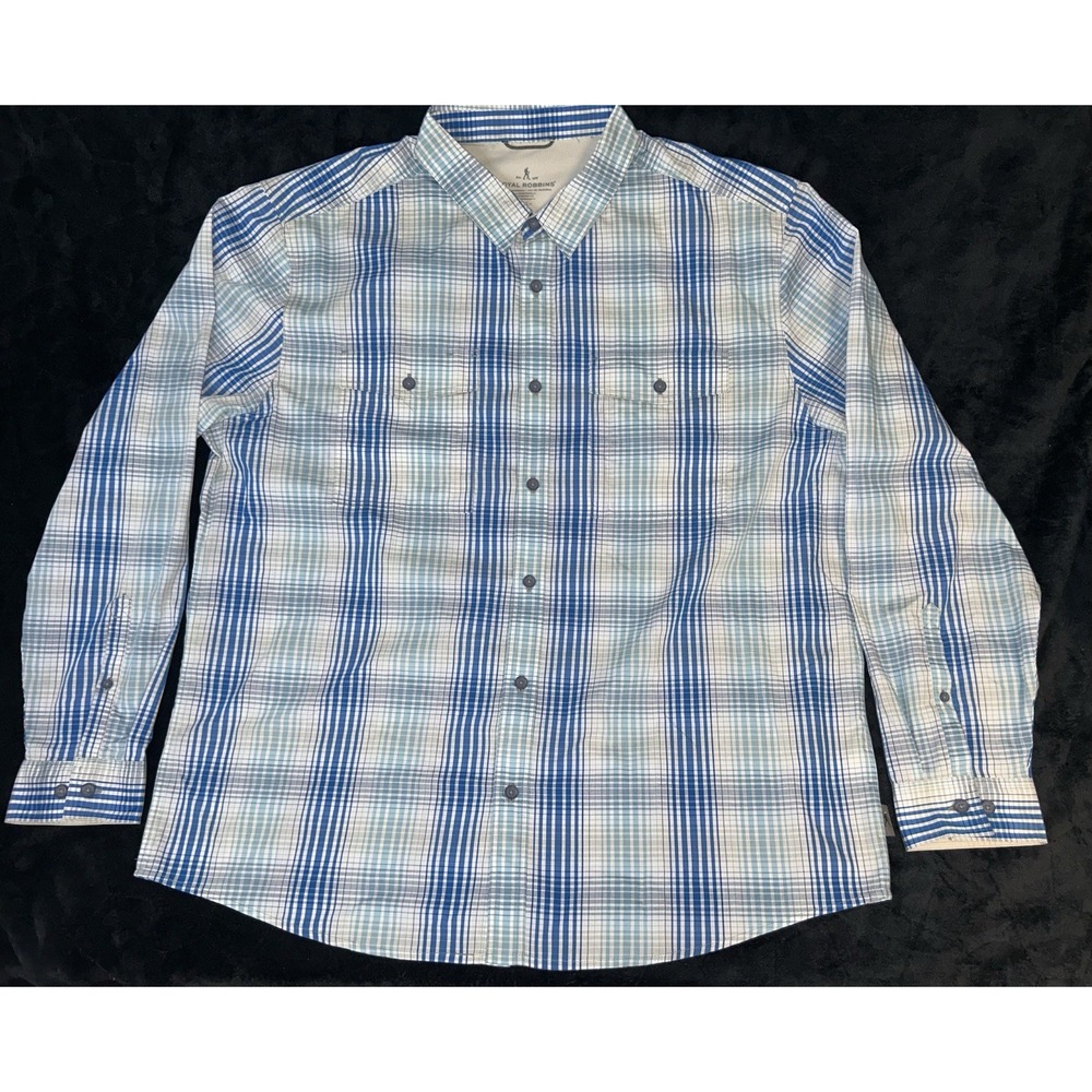 Royal Robbins White Blue Plaid L/S Button Up Shirt Men's XXL Double Front Pocket